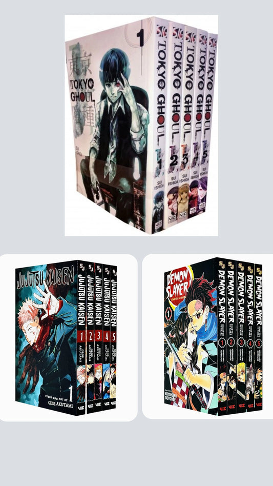 Newbie Essentials Pack β Manga Set (Volumes 1β5) with Bonus Manga Wall Poster Demon Slayer 1-5 || Tokyo Ghoul 1-5 || Jujutsu Kaisen 1-5 ( COMBO )